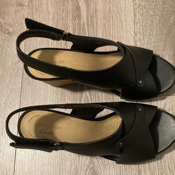 NIB Clarks Margee Eve Black Leather Slingback Cork Wedge 7 1/2W - Picture 4 of 15